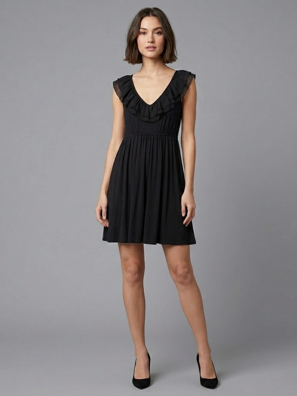 LOFT Black Ruffle V-Neck Empire Waist Sleeveless Dress XS NWT